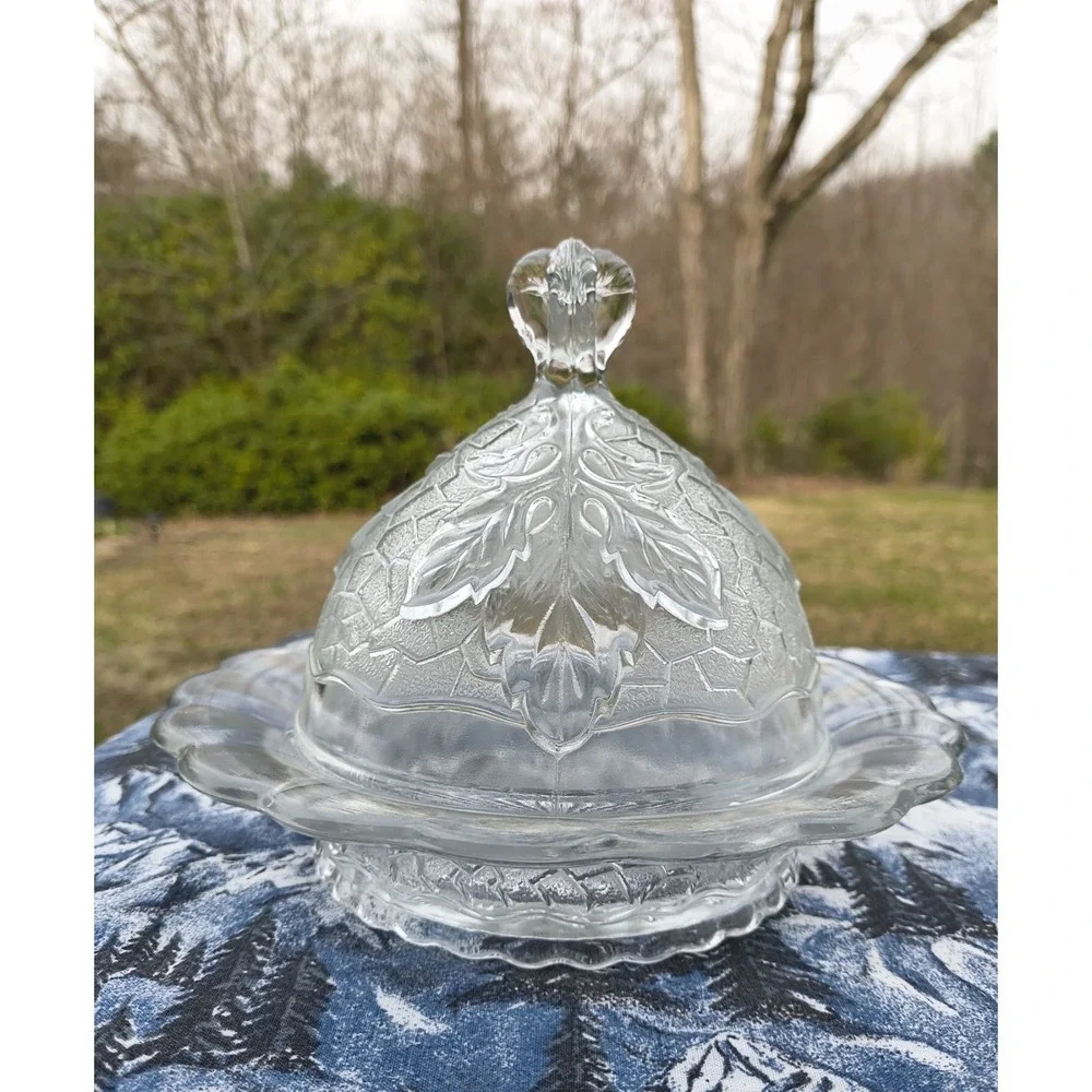 Vintage EAPG Glass Domed‎ Butter Dish Cloche Maple Leaf Design Decorative Finial